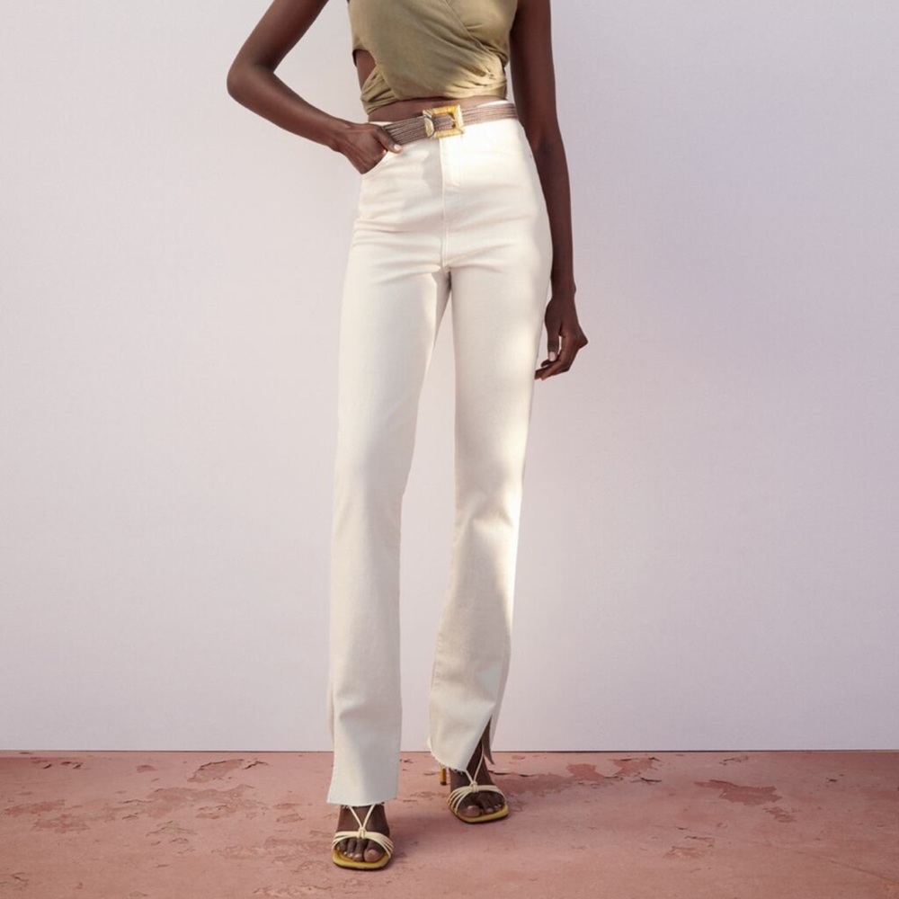 Zara Ecru Slit Flare Jeans Slim